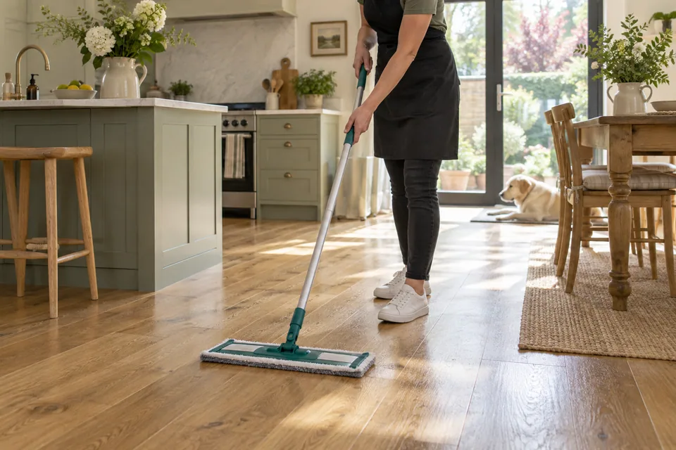 Flat microfibre mop on a sealed wooden kitchen floor