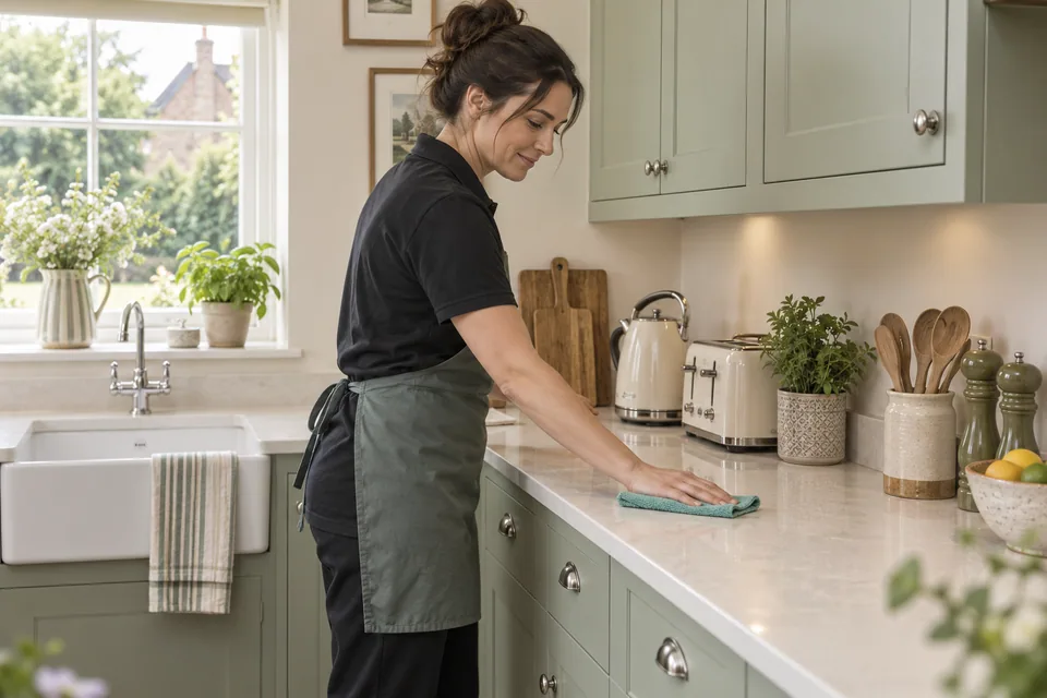 Cleaner wiping kitchen worktops beside everyday appliances