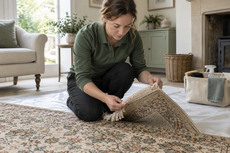 Cleaner inspecting the fringe and woven backing of a wool rug