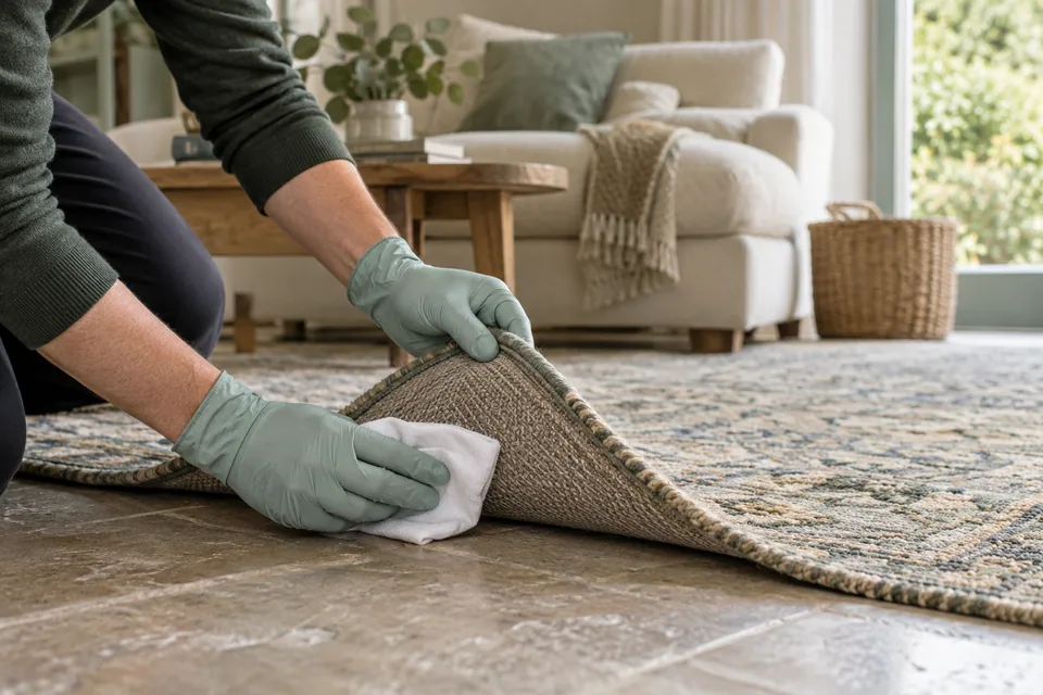 Discreet colour-transfer test at a rug corner using a white cloth