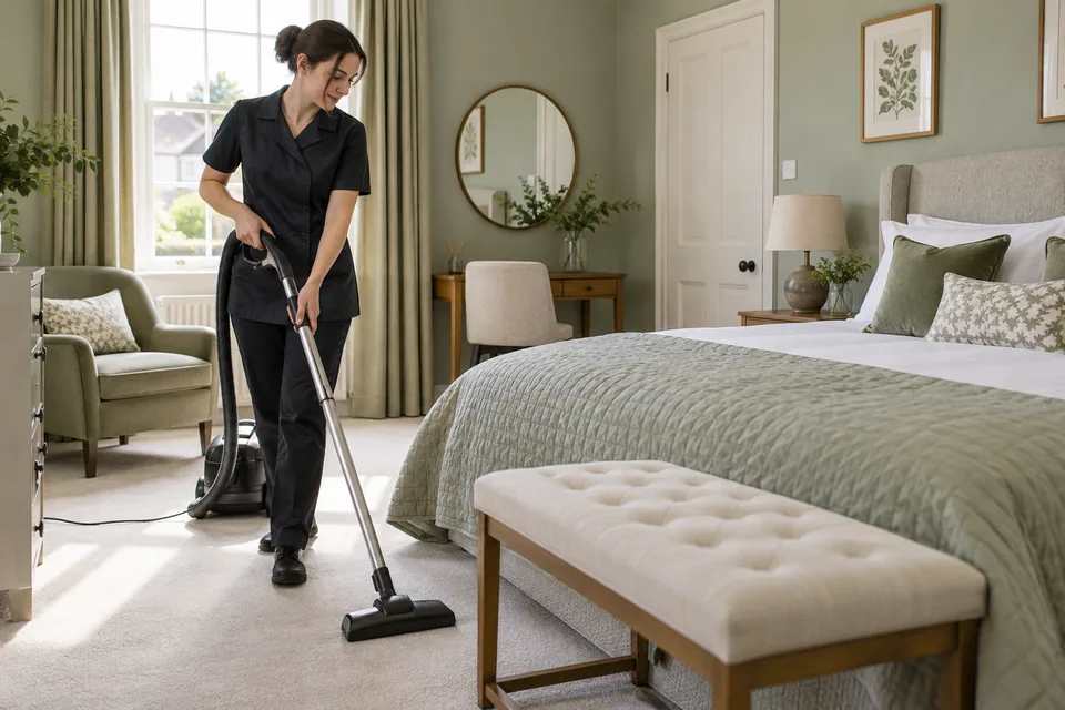 Cleaner vacuuming a furnished short-let bedroom