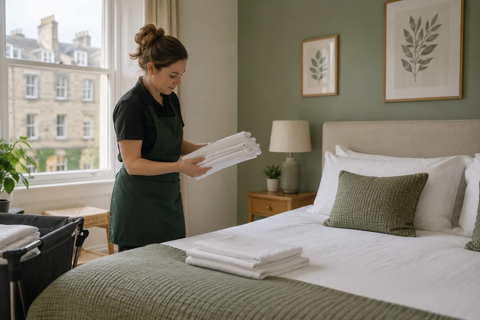 Cleaner preparing fresh bedding for a changeover