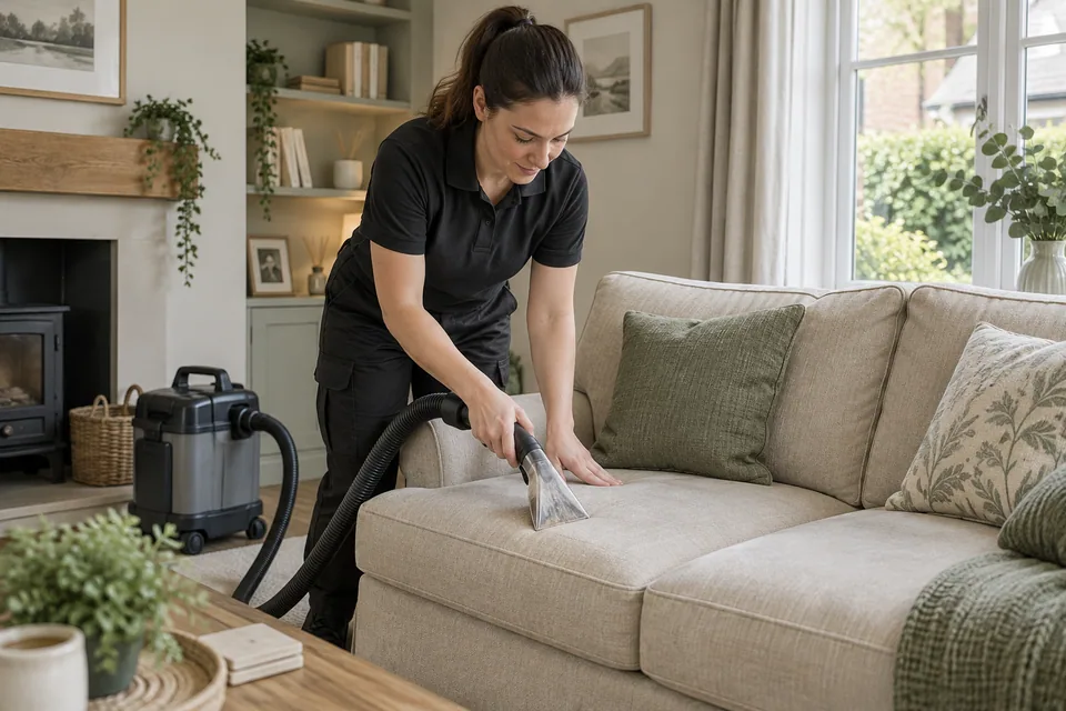 Cleaner using an upholstery extraction hand tool on a fabric sofa seat