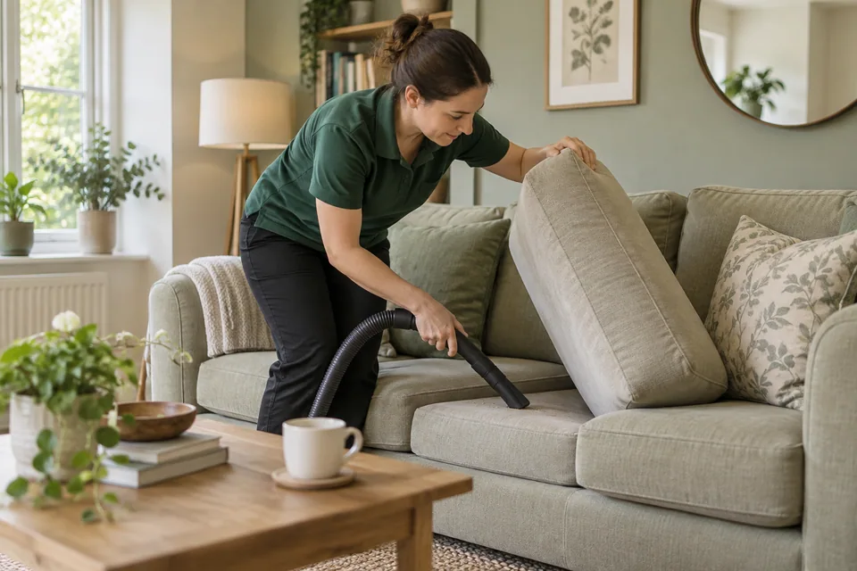 Cleaner lifting loose cushions to vacuum a sofa platform