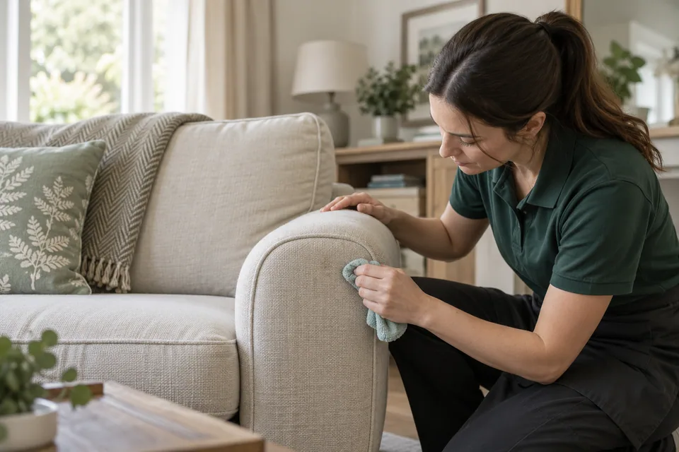 Technician assessing a mark on a sofa arm