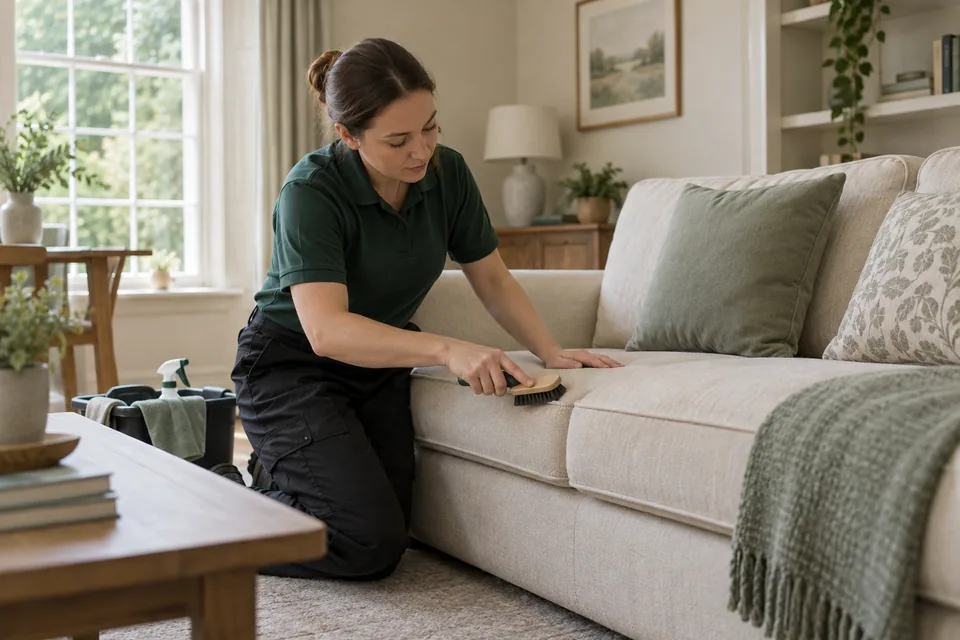 Soft upholstery brush working along sofa piping