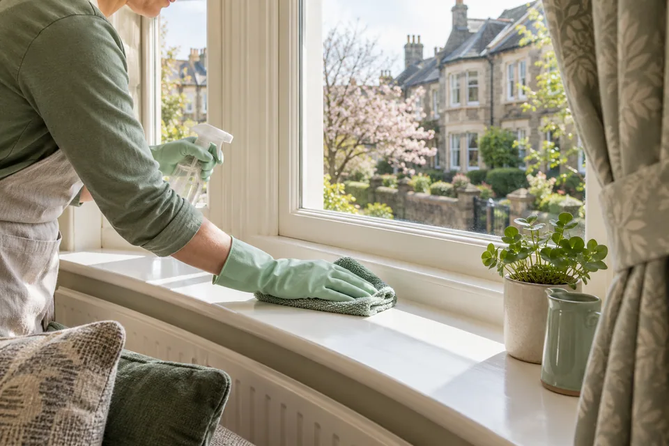 Gloved hands wiping an interior bay-window sill