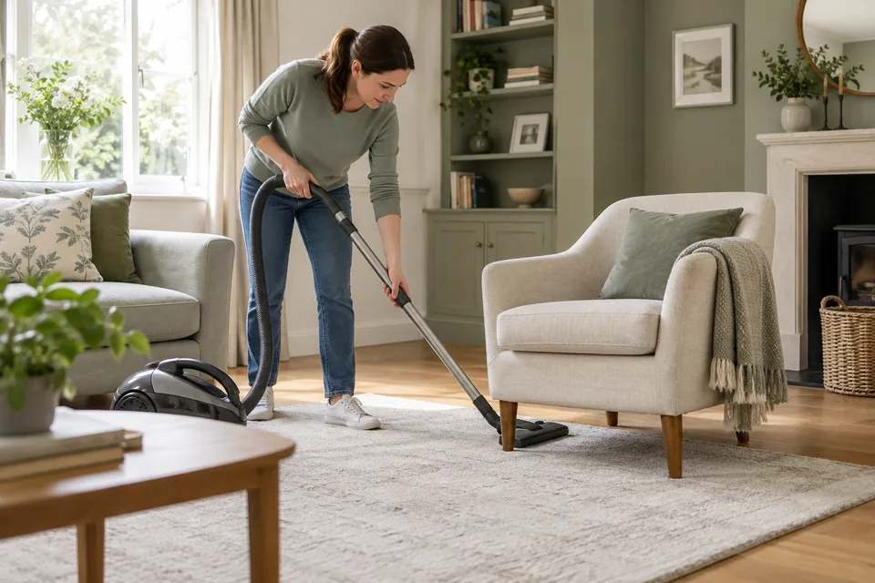 Vacuuming beneath a light armchair moved safely aside