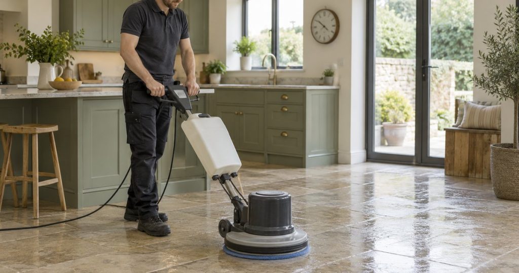 Cleaner using a floor machine on a tiled kitchen surface
